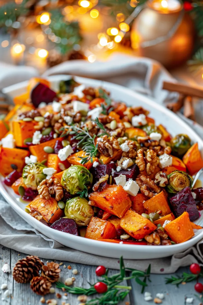 Christmas Roasted Brussels Sprouts, Sweet Potato, Butternut Squash, Carrot & Beet Medley with Maple-Feta Crumble, Walnuts & Cranberry-Honey Glaze serving