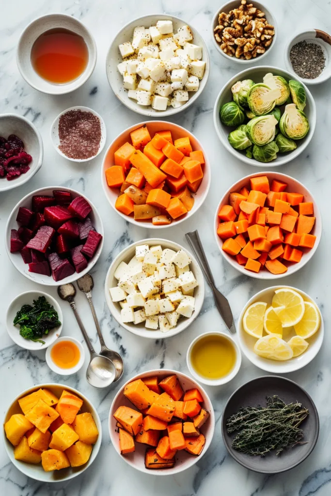 Ingredients for Roasted Brussels Sprouts, Sweet Potato, Butternut Squash, Carrot & Beet Medley with Maple-Feta Crumble, Walnuts & Cranberry-Honey Glaze