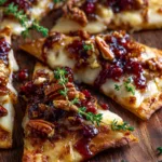 Crispy Flatbread with Brie, Pear, Toasted Pecans & Cranberry Glaze Serving