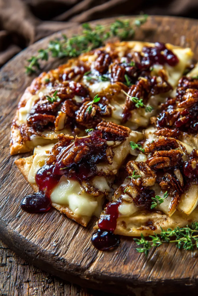 Crispy Flatbread with Brie, Pear, Toasted Pecans & Cranberry Glaze Serving