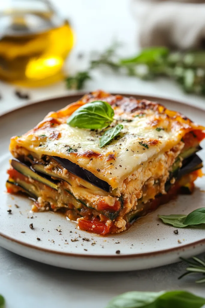 Layered Mediterranean Eggplant, Zucchini, Yellow & Red Bell Pepper Lasagna Serving
