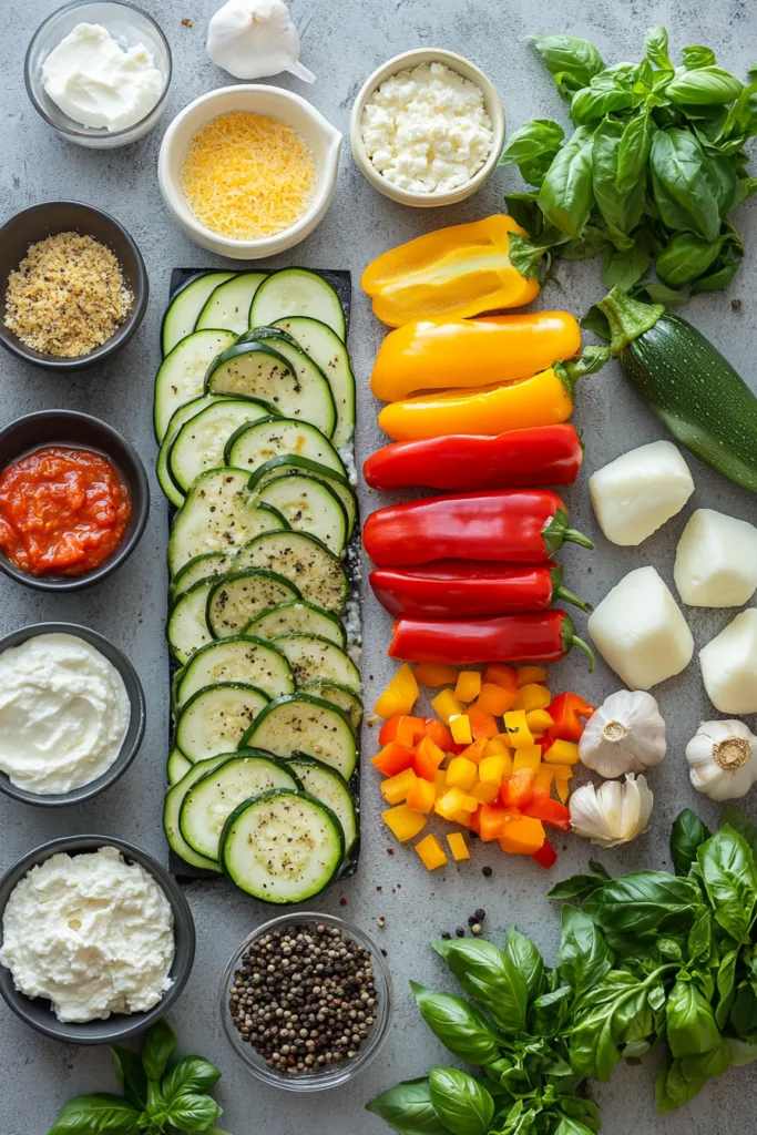 Ingredients for Layered Mediterranean Eggplant, Zucchini, Yellow & Red Bell Pepper Lasagna