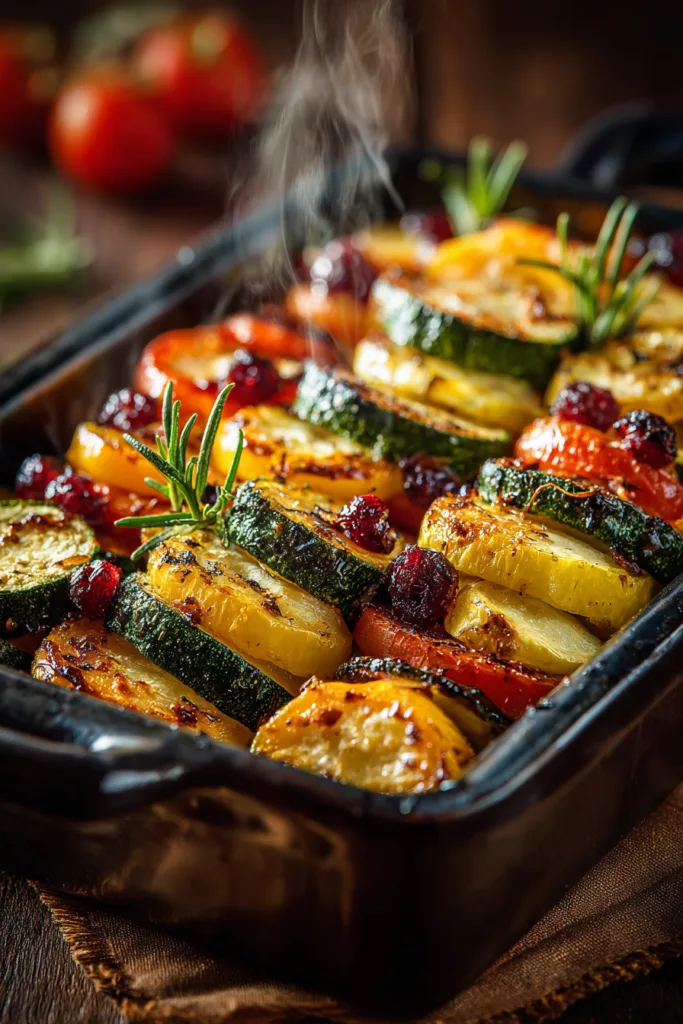 Layered Sweet Potato, Butternut Squash & Carrot Bake with Cranberry-Honey Drizzle