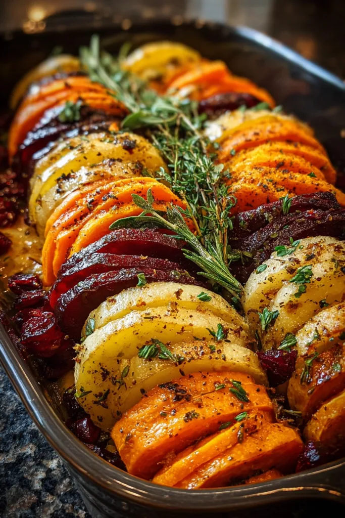 Layered Sweet Potato, Butternut Squash & Carrot Bake with Cranberry-Honey Drizzle