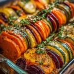 Layered Sweet Potato, Butternut Squash & Carrot Bake with Cranberry-Honey Drizzle