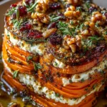 Layered Sweet Potato, Butternut Squash, Carrot Lasagna with Feta, Walnuts, and Cranberry-Honey Glaze