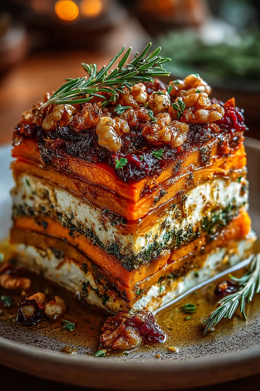 Layered Sweet Potato, Butternut Squash, Carrot Lasagna with Feta, Walnuts, and Cranberry-Honey Glaze