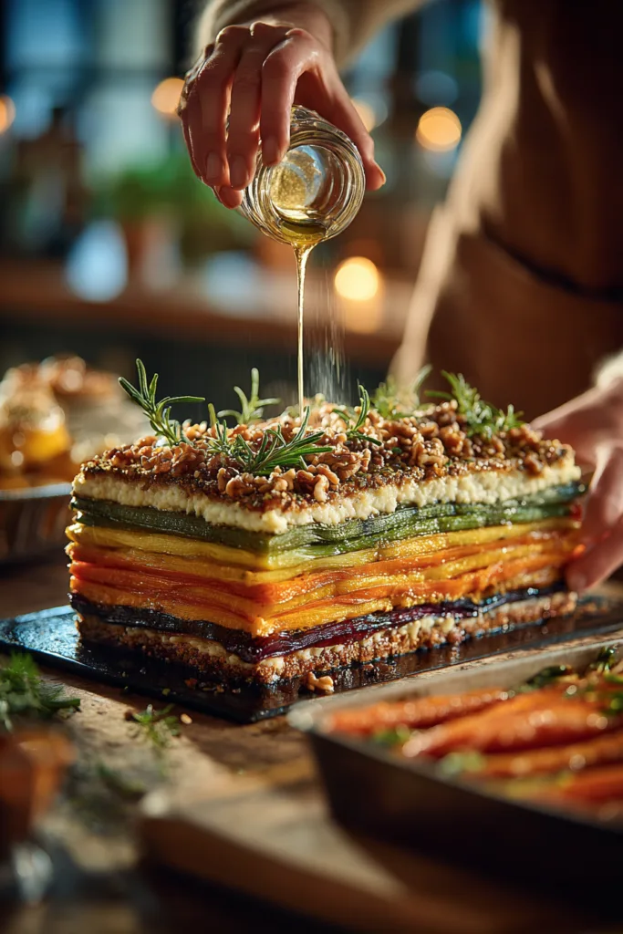 Layered Sweet Potato, Butternut Squash, Carrot Lasagna with Feta, Walnuts, and Cranberry-Honey Glaze