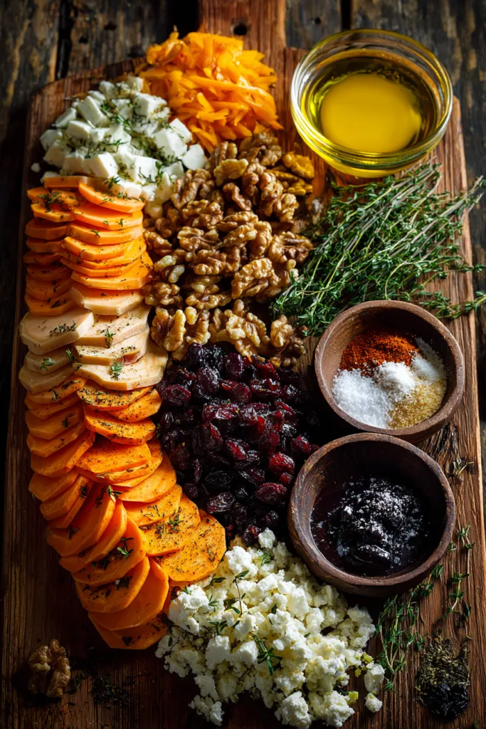 Layered Sweet Potato, Butternut Squash, Carrot Lasagna with Feta, Walnuts, and Cranberry-Honey Glaze