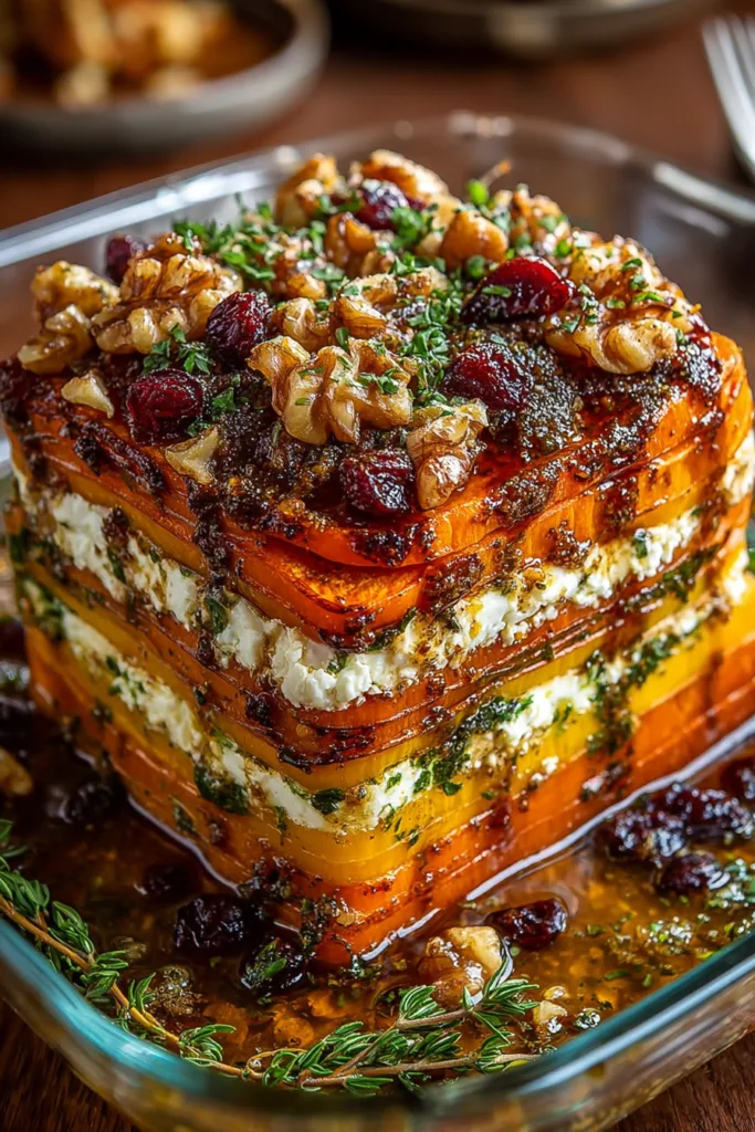 Layered Sweet Potato, Butternut Squash, Carrot Lasagna with Feta, Walnuts, and Cranberry-Honey Glaze