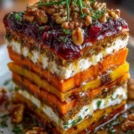 Layered Sweet Potato, Pumpkin, Carrot Lasagna with Feta, Walnuts & Cranberry-Honey Glaze