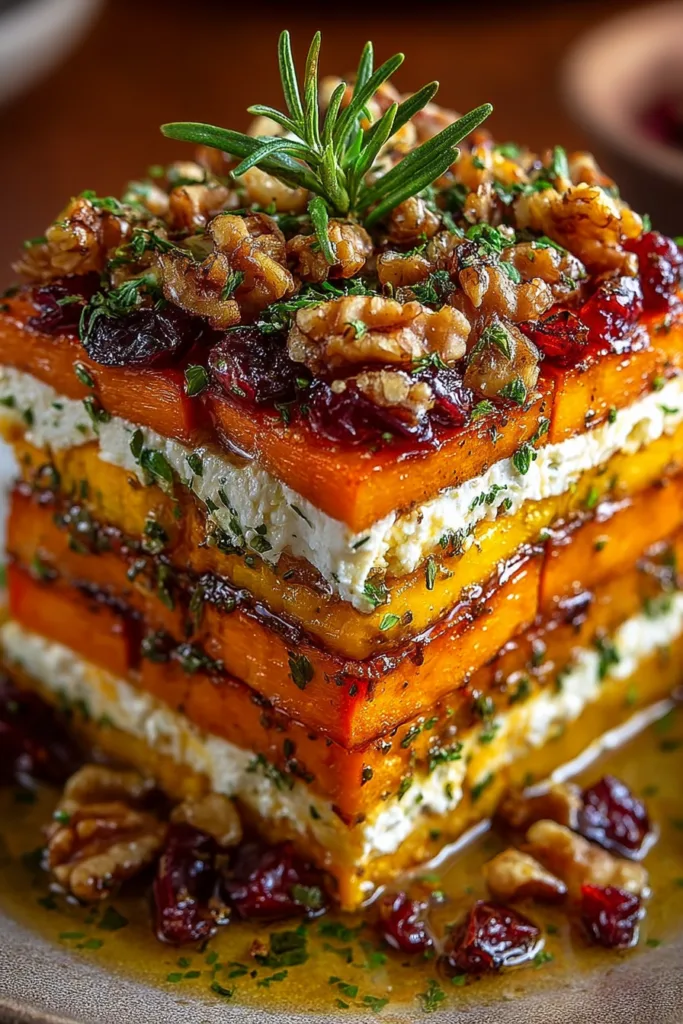 Layered Sweet Potato, Pumpkin, Carrot Lasagna with Feta, Walnuts & Cranberry-Honey Glaze