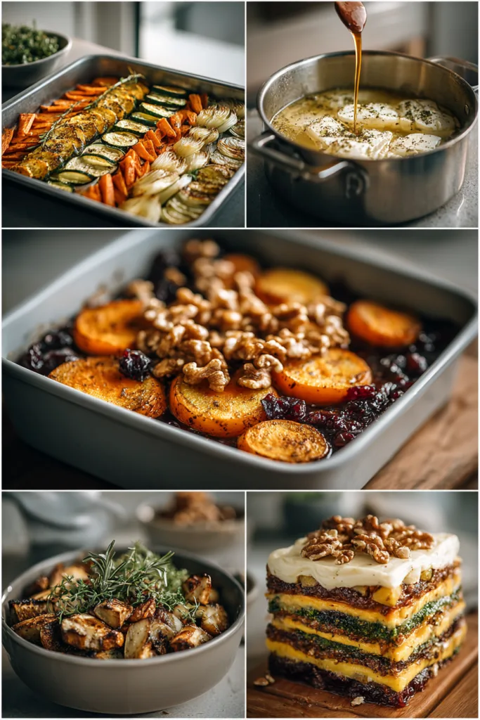 Layered Sweet Potato, Pumpkin, Carrot Lasagna with Feta, Walnuts & Cranberry-Honey Glaze