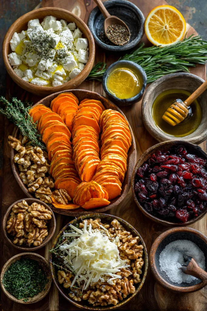 Layered Sweet Potato, Pumpkin, Carrot Lasagna with Feta, Walnuts & Cranberry-Honey Glaze