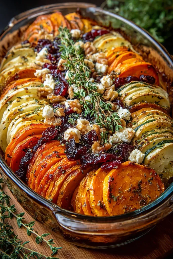  Layered Sweet Potato, Squash & Parsnip Bake with Cranberry-Honey Drizzle