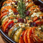 Layered Sweet Potato, Squash & Parsnip Bake with Cranberry-Honey Drizzle