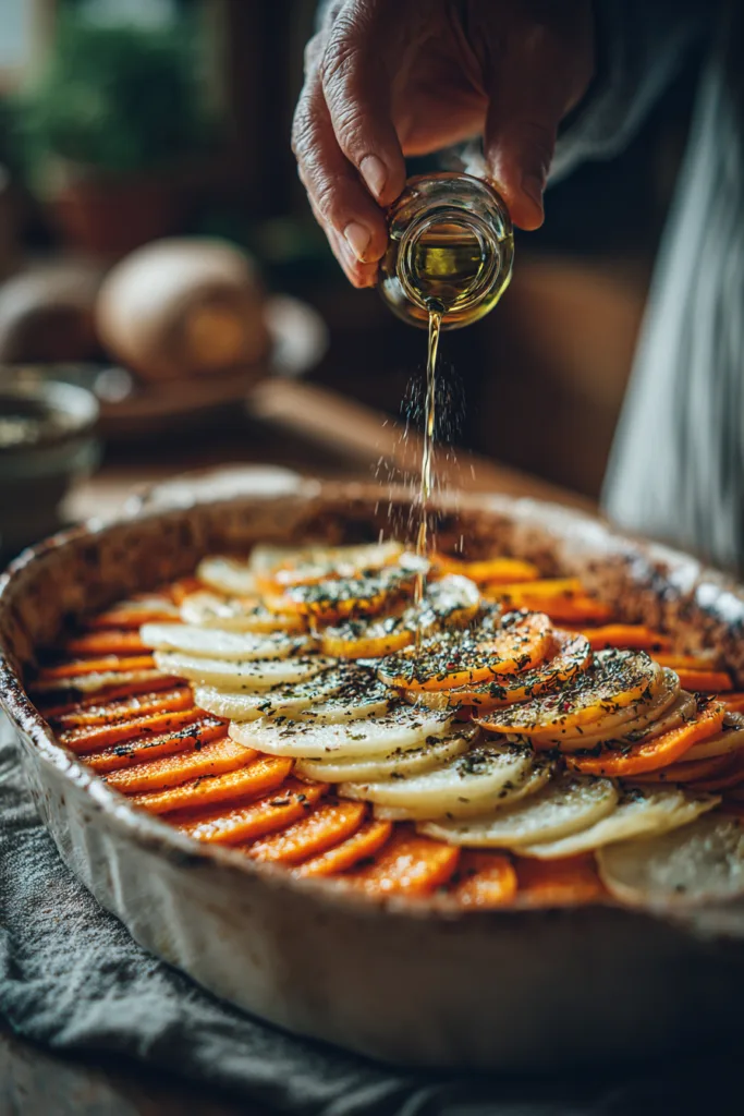  Layered Sweet Potato, Squash & Parsnip Bake with Cranberry-Honey Drizzle