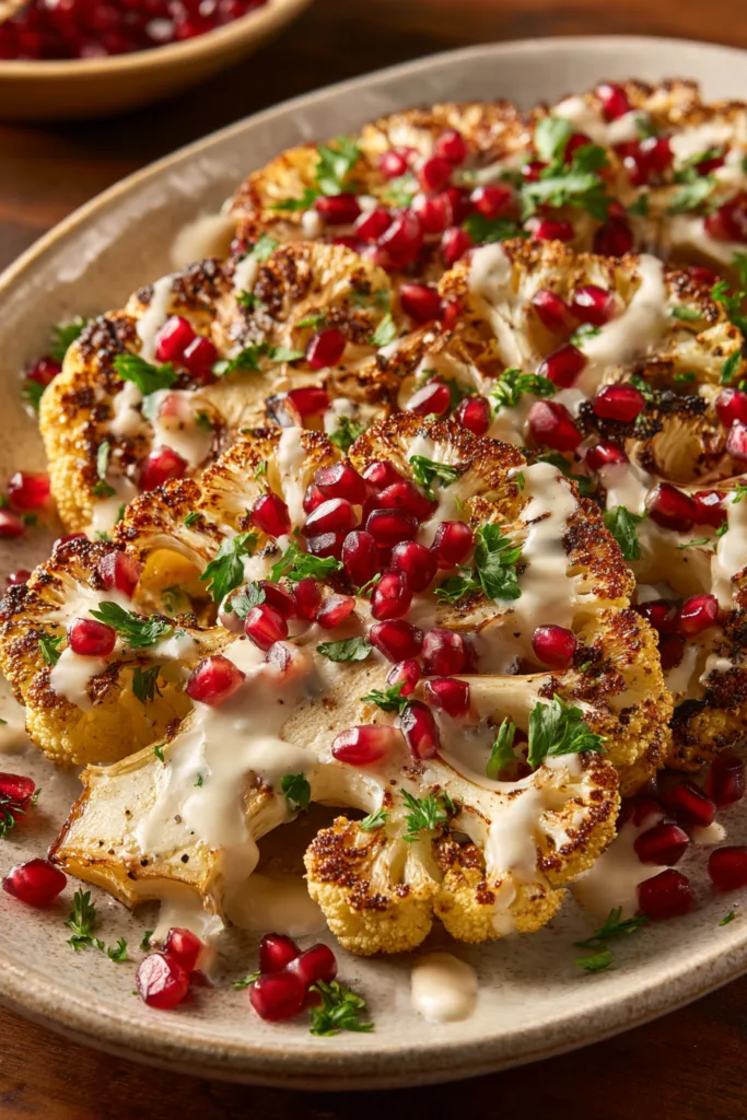 Roasted Cauliflower Steaks with Lemon-Tahini Drizzle & Pomegranate