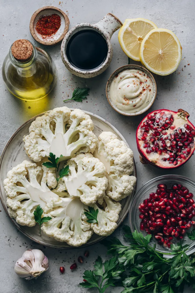 Roasted Cauliflower Steaks with Lemon-Tahini Drizzle & Pomegranate