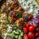 Greek Chicken Souvlaki Bowls with Lemon Feta Sauce