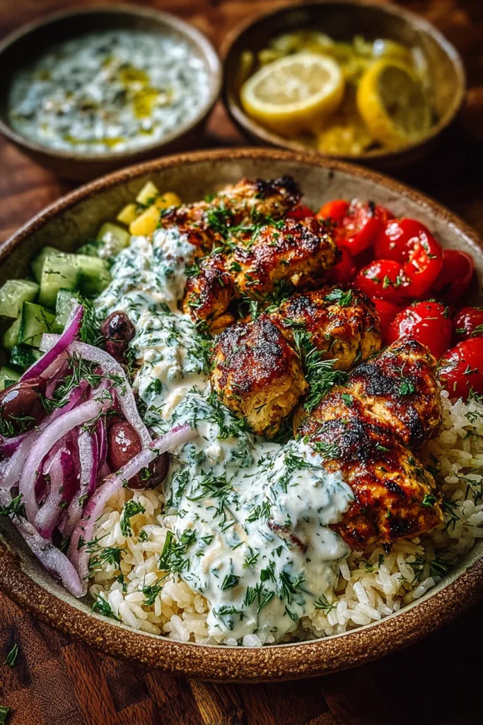 Greek Chicken Souvlaki Bowls with Lemon Feta Sauce