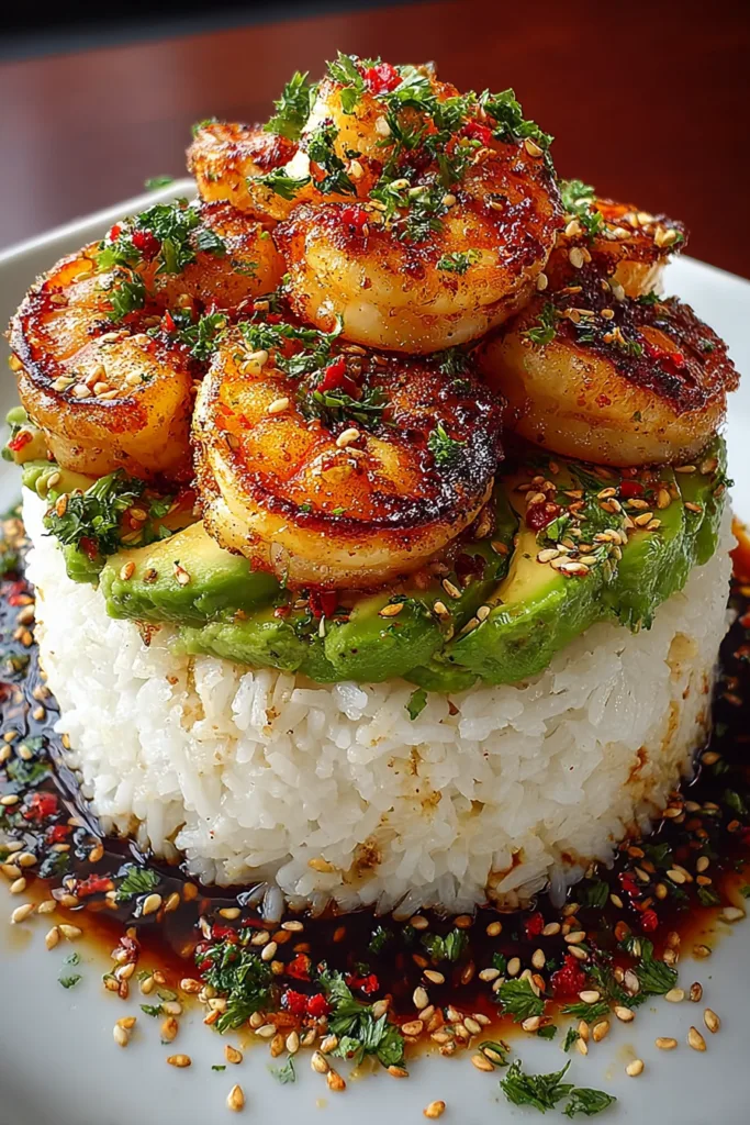 Honey Lime Shrimp & Avocado Rice Stack