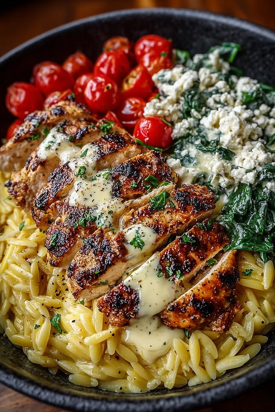 Lemon Dijon Chicken Orzo Bowl with Garlic Whipped Feta