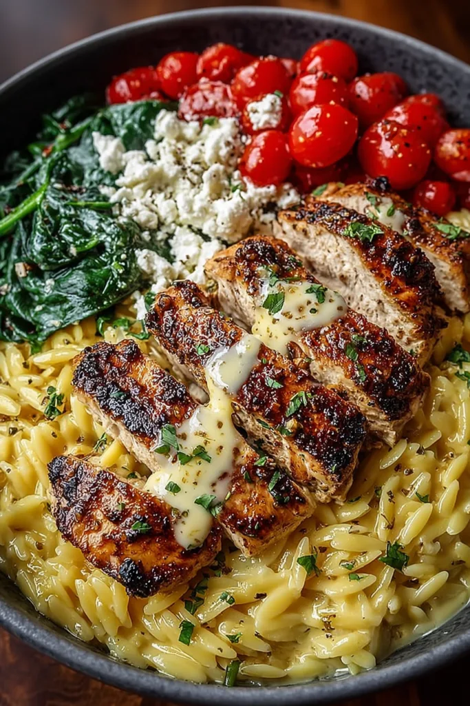 Lemon Dijon Chicken Orzo Bowl with Garlic Whipped Feta