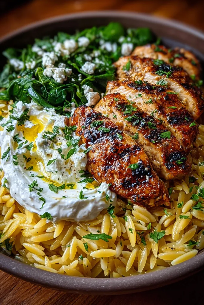 Lemon Dijon Chicken Orzo Bowl with Garlic Whipped Feta