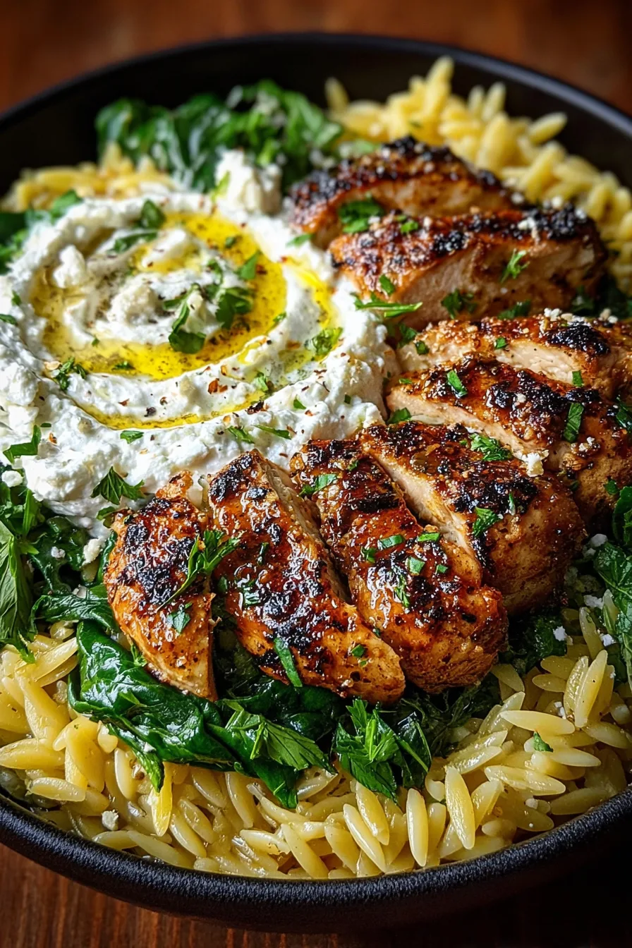Lemon Dijon Chicken Orzo Bowl with Garlic Whipped Feta