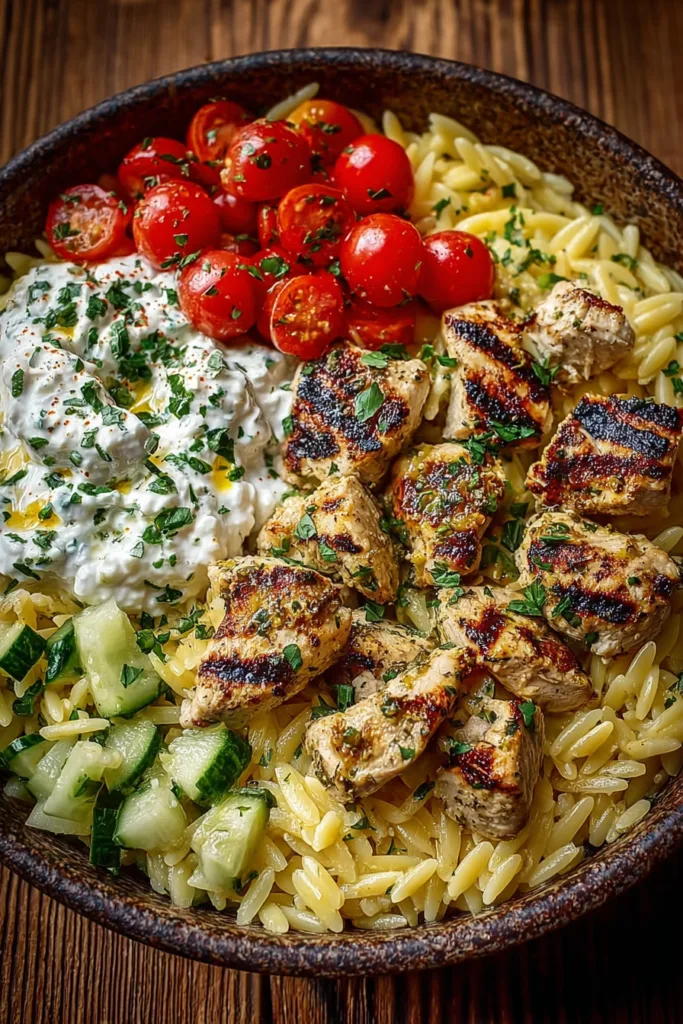 Lemon Dijon Chicken Orzo Bowl with Honey Whipped Feta