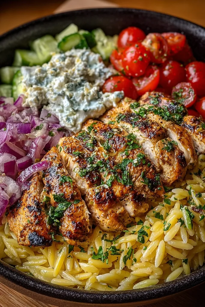 Lemon Dijon Chicken Orzo Bowl with Whipped Feta