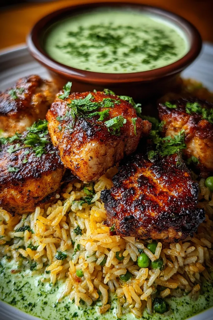 Peruvian Chicken and Rice with Green Sauce