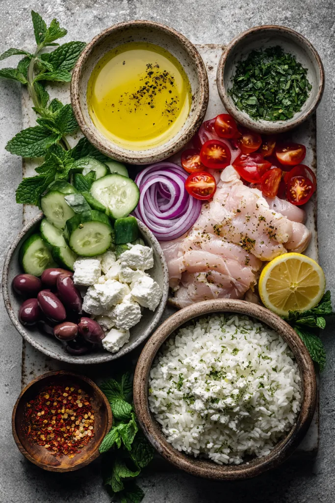 Greek Chicken Gyro Bowl with Spicy Lemon Garlic Feta