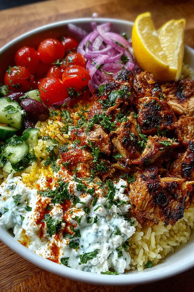 Greek Chicken Gyro Bowl with Spicy Lemon Garlic Feta