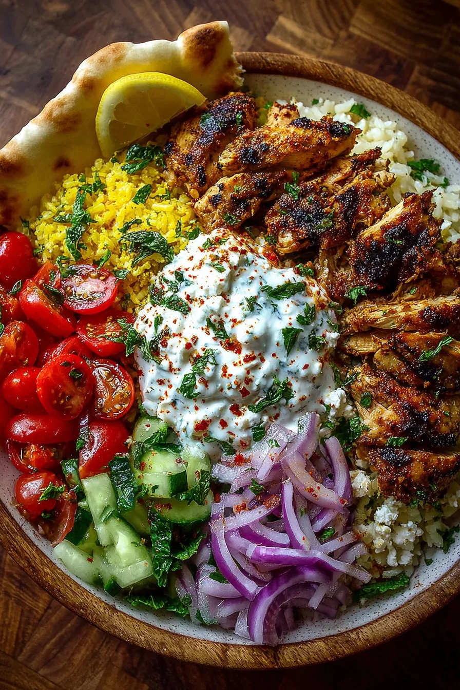 Greek Chicken Gyro Bowl with Spicy Lemon Garlic Feta