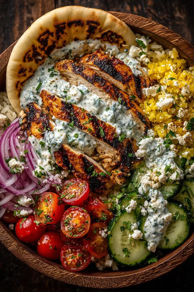 Mediterranean Chicken Pita Bowl with Garlic Feta Sauce