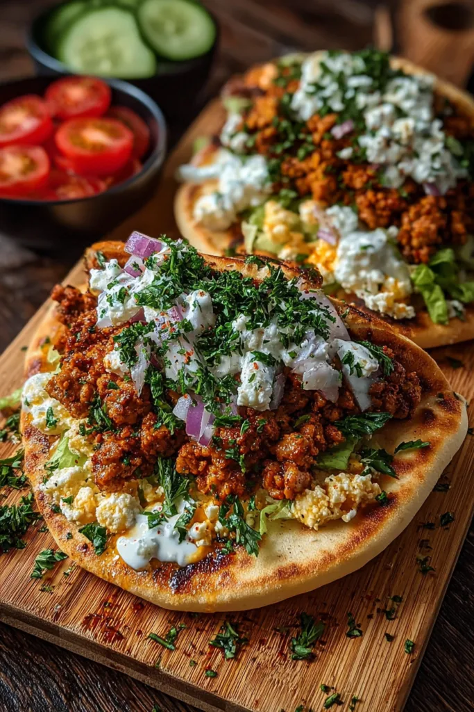 Mediterranean Ground Chicken Pita with Hot Honey Feta Cream