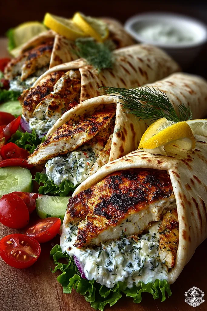Greek Lemon Chicken Pita Wraps with Dill Garlic Feta Sauce