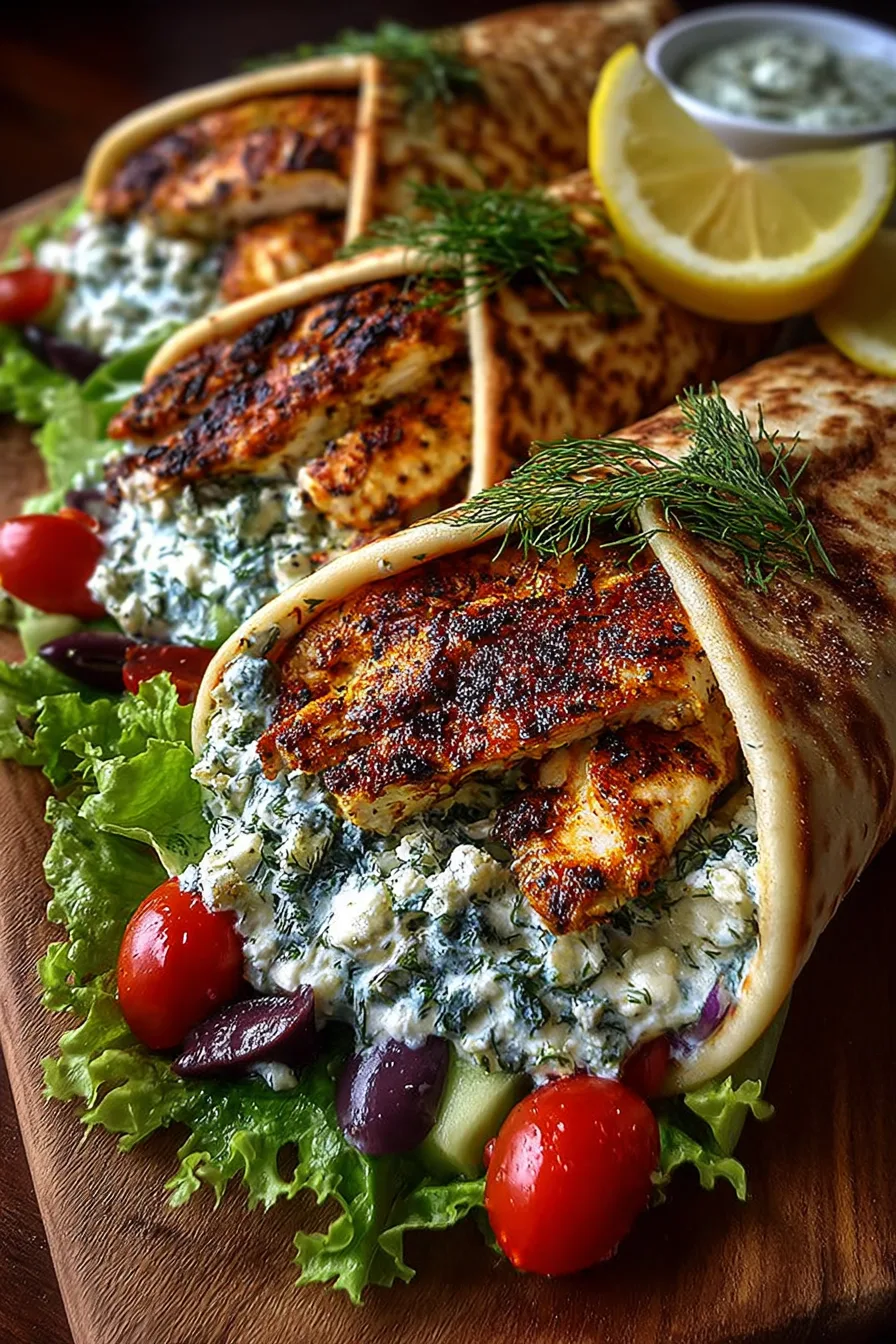 Greek Lemon Chicken Pita Wraps with Dill Garlic Feta Sauce