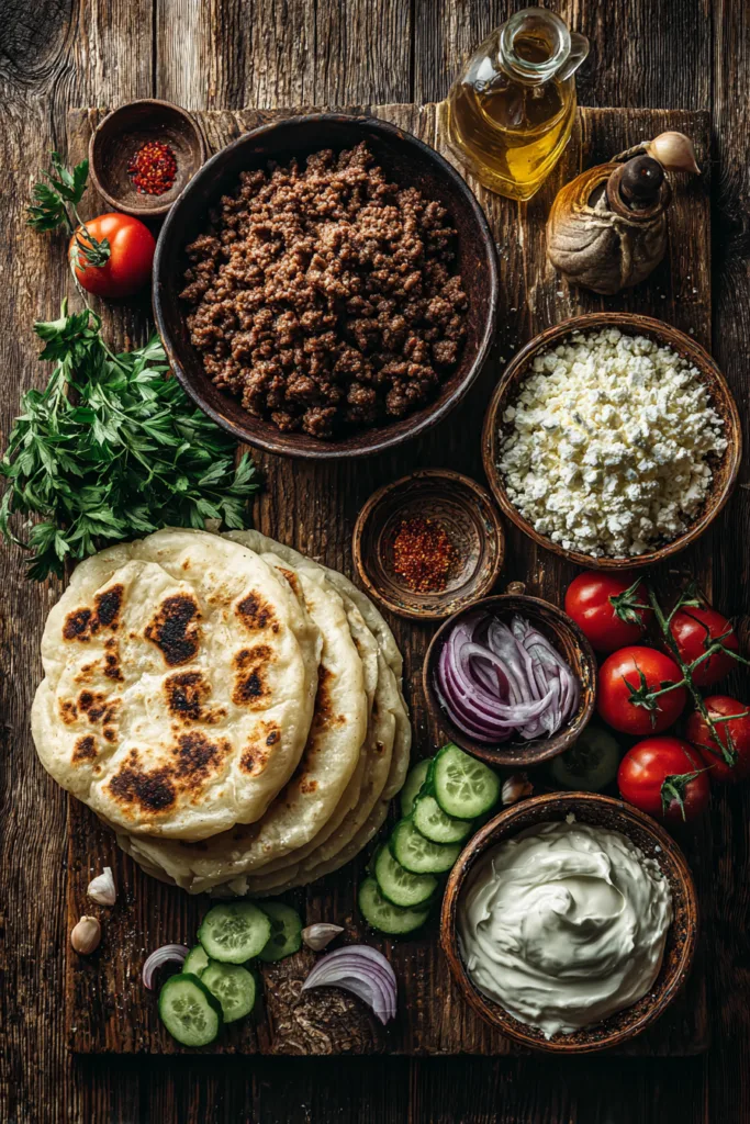 Mediterranean Ground Beef Flatbread with Garlic Hot Honey Feta Cream