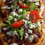 Mediterranean Ground Beef Flatbread with Garlic Hot Honey Feta Cream