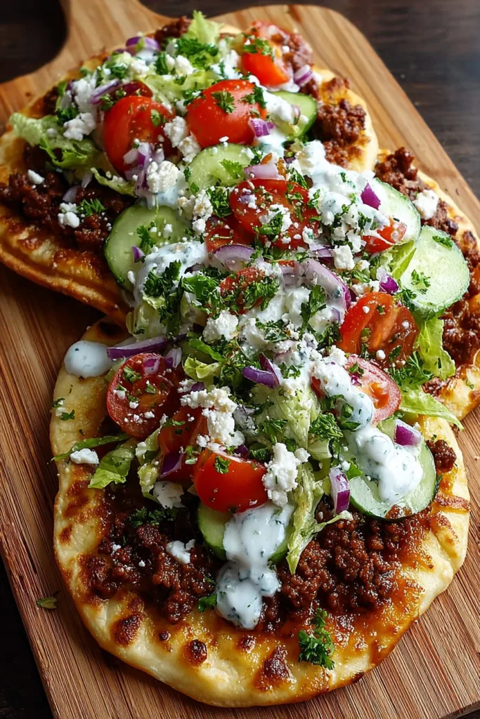 Mediterranean Ground Beef Flatbread with Garlic Hot Honey Feta Cream