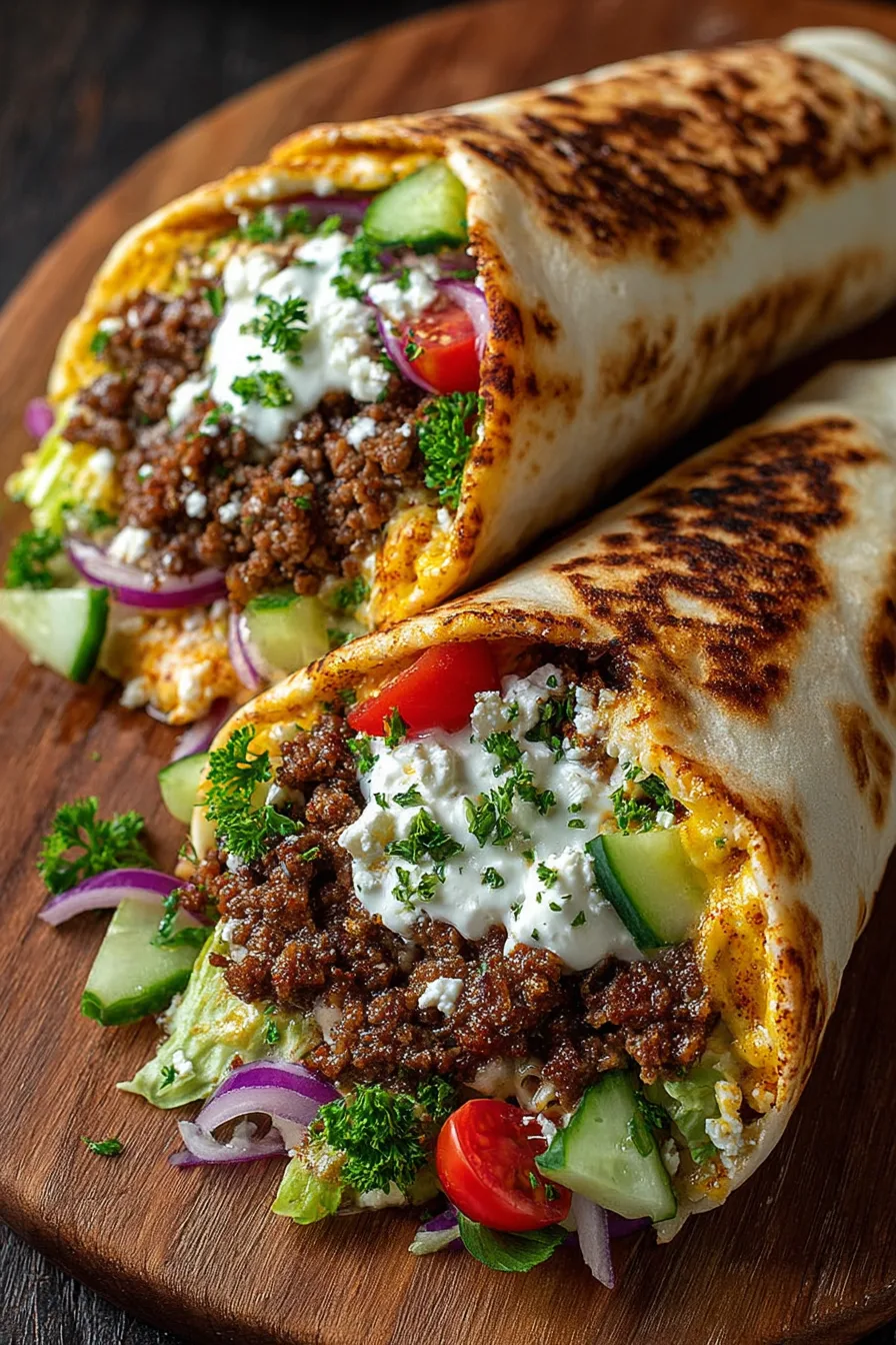 Mediterranean Ground Beef Wrap with Creamy Lemon Feta Honey Sauce