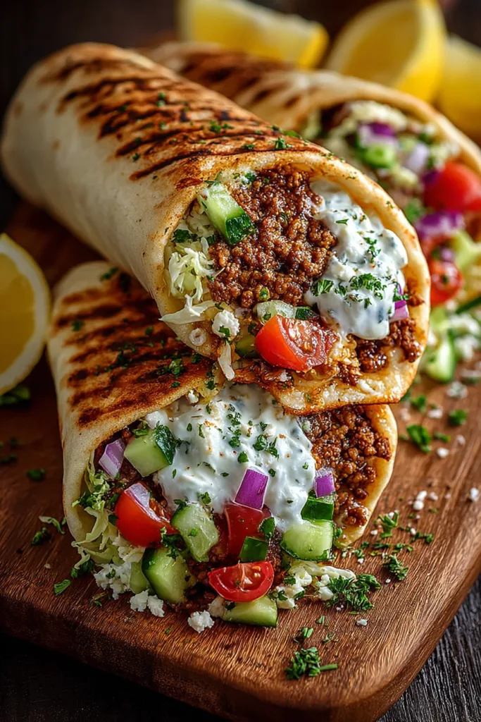 Mediterranean Ground Chicken Wrap with Hot Honey Feta Cream