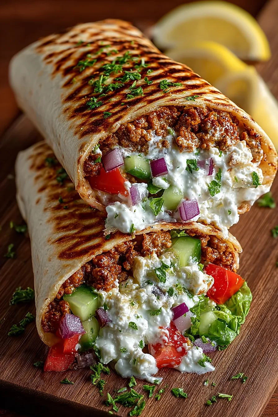 Mediterranean Ground Chicken Wrap with Hot Honey Feta Cream