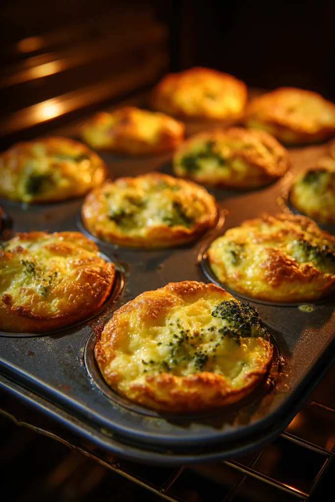Cottage Cheese Broccoli Cheddar Melt Bites baking in a mini muffin pan