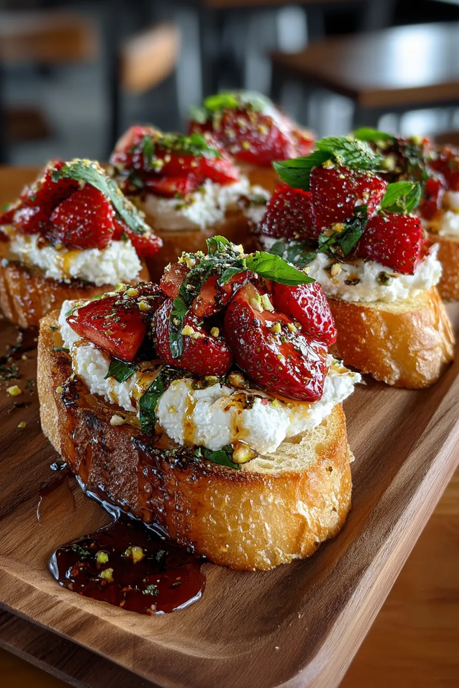 Crostini with Whipped Brie, Roasted Strawberries, Black Pepper & Hot Honey Basil Drizzle Image