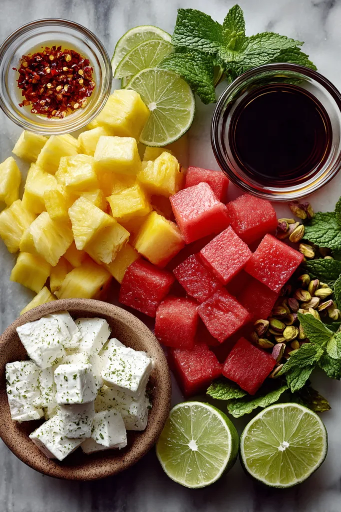 Pineapple, Mango, Watermelon & Feta Cubes with Hot Honey-Lime Drizzle