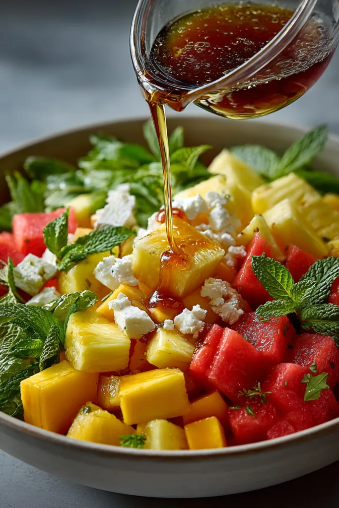 Pineapple, Mango, Watermelon & Feta Cubes with Hot Honey-Lime Drizzle